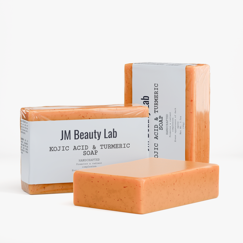 bar of soap jm beauty lab title kojic acid & turmeric soap showing three bars of soap