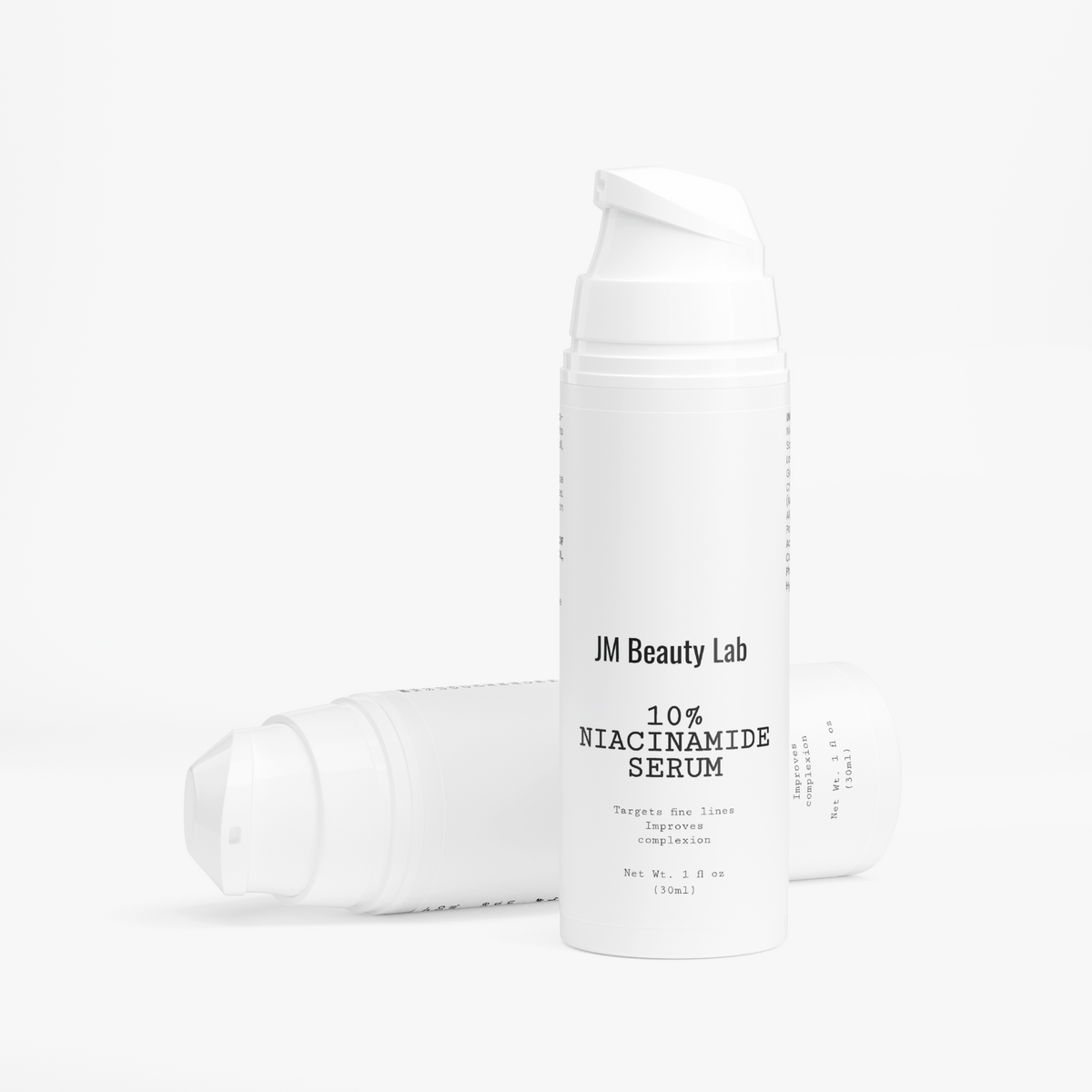 Niacinamide serum bottle by JM Beauty Lab with pump, white side view