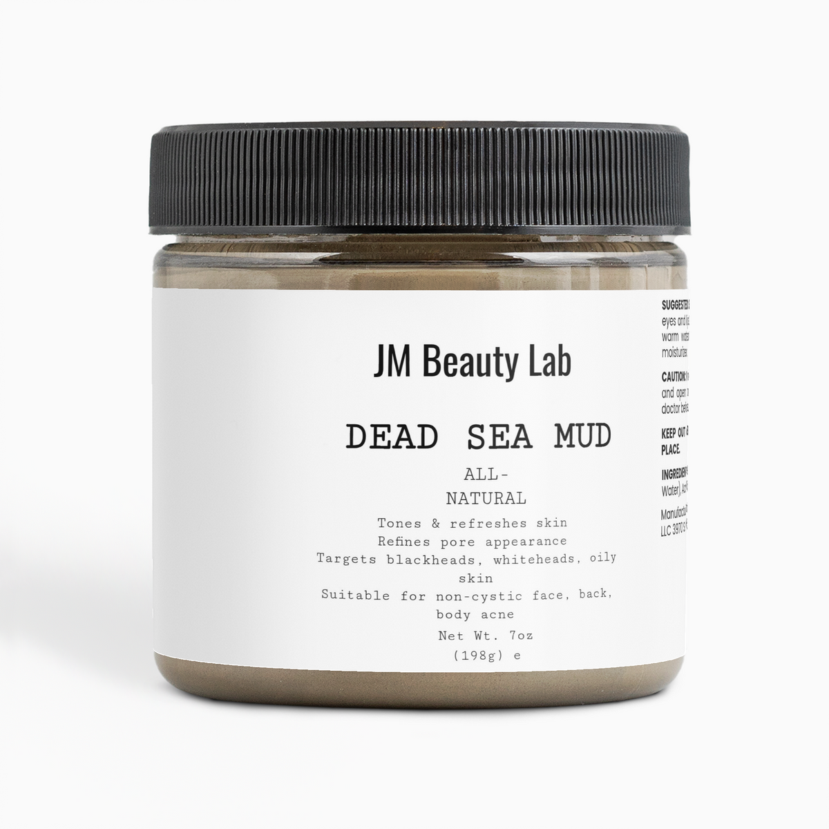 JM Beauty Lab Dead Sea Mud jar with black ribbed lid and white label