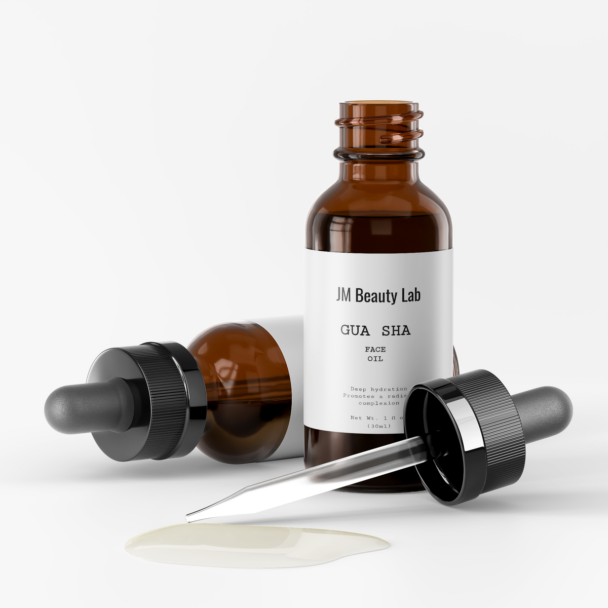 Brown glass bottle with dropper labeled 'Kenuf Gua Sha' on a white background