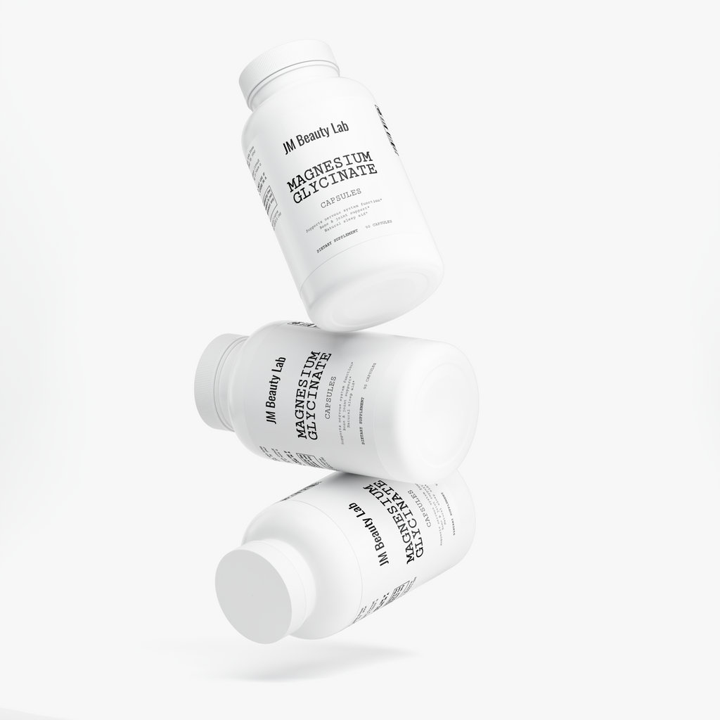 Magnesium glycinate supplement bottle with side label viewed at an angle