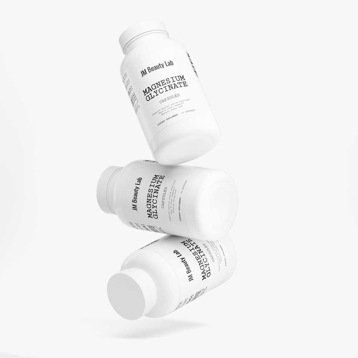 Magnesium glycinate supplement bottle with side label viewed at an angle