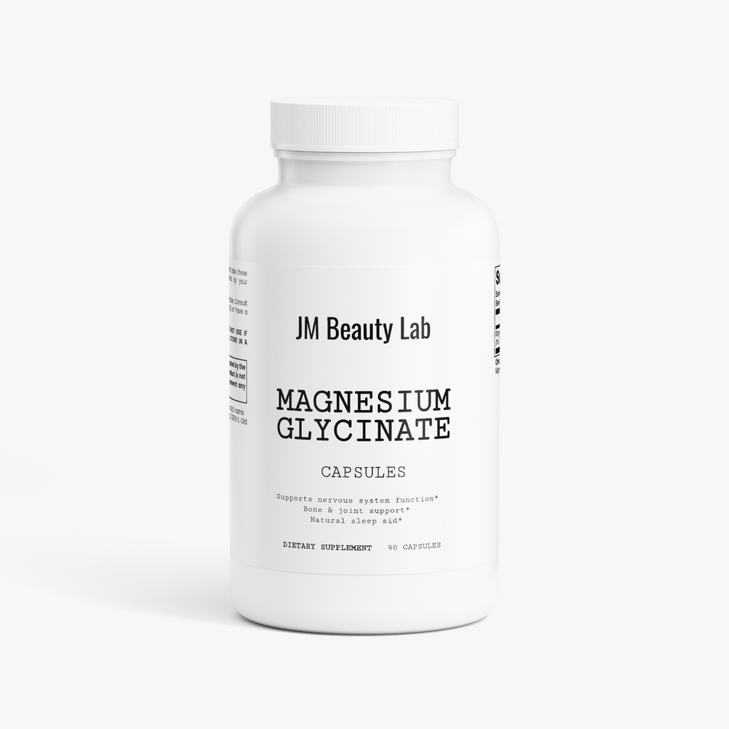 Magnesium glycinate supplement bottle with front label and capsules
