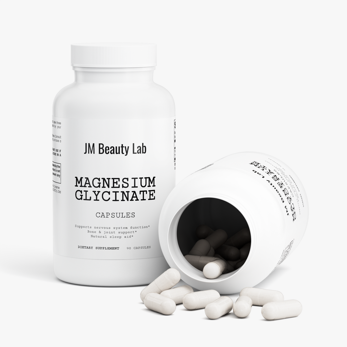 Magnesium glycinate supplement bottle with open lid and loose capsules