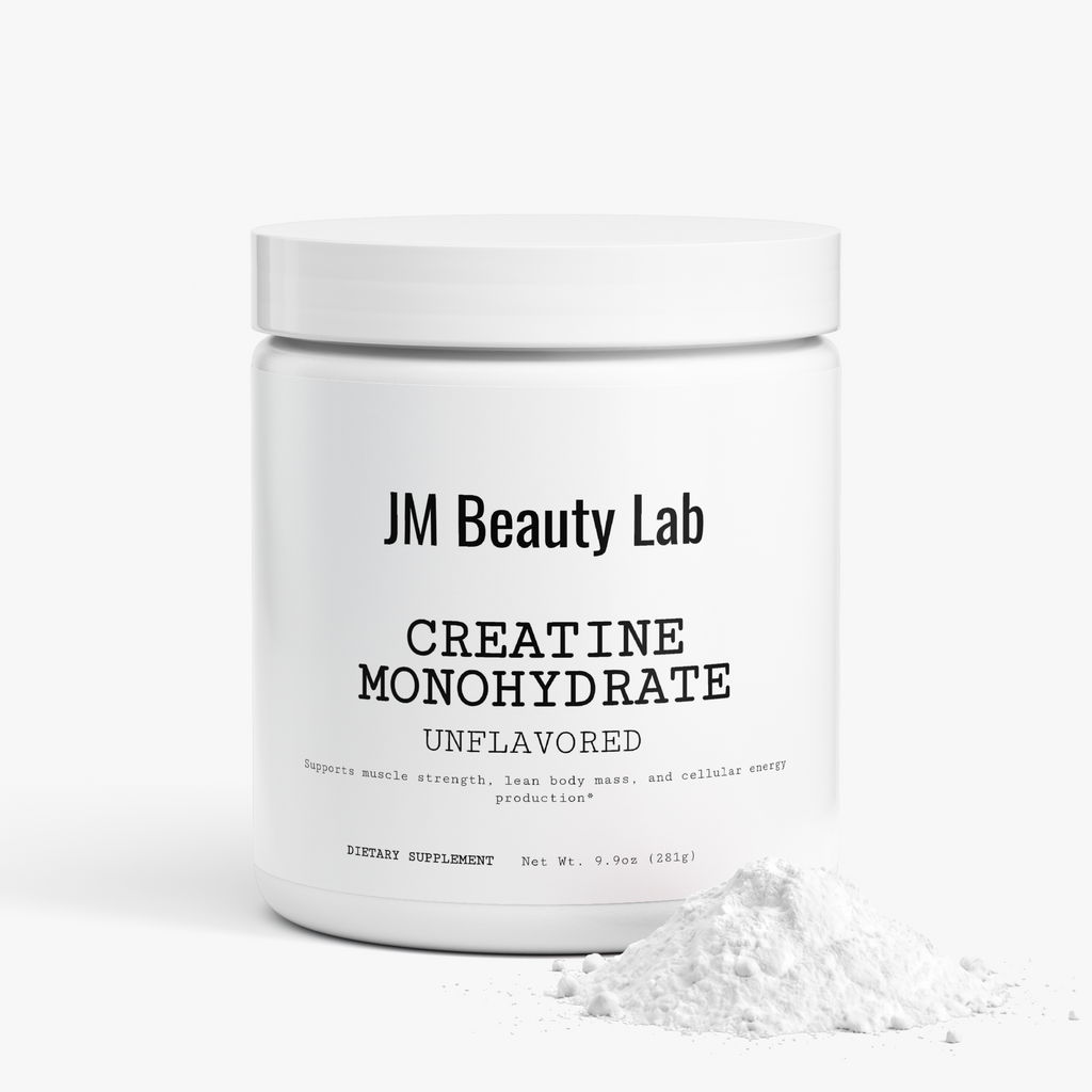 JM Beauty Lab creatine monohydrate unflavored supplement jar with powder beside it