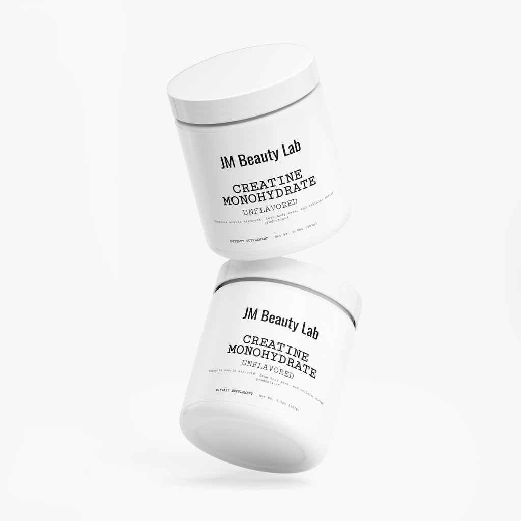 JM Beauty Lab creatine monohydrate unflavored supplement jars, front and back views