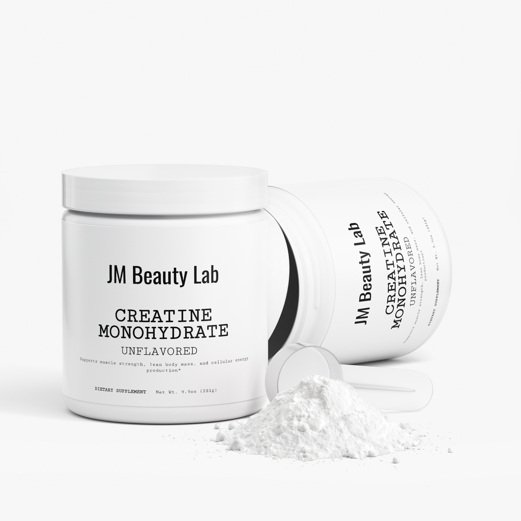 JM Beauty Lab creatine monohydrate unflavored supplement jar with second jar and powder