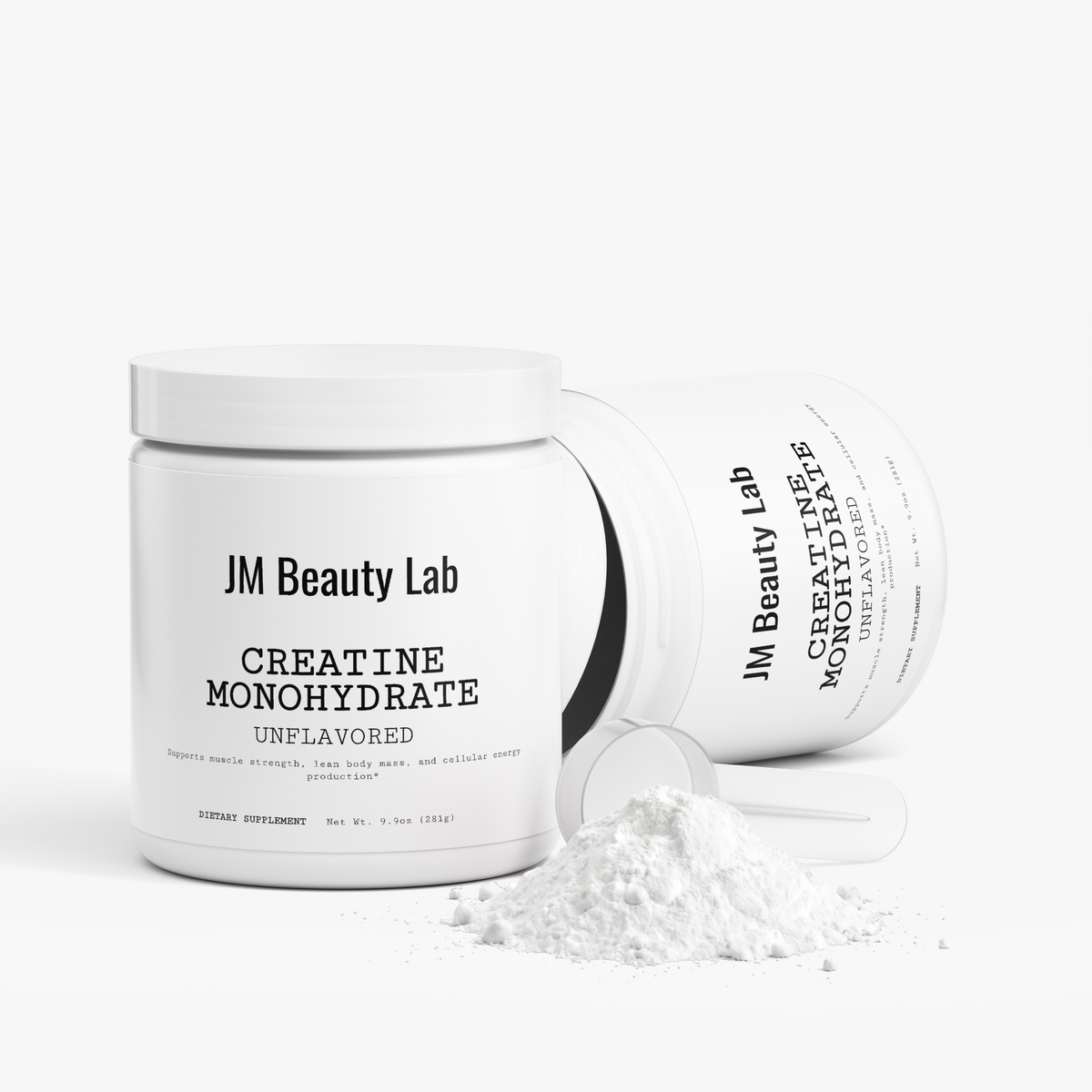JM Beauty Lab creatine monohydrate unflavored supplement jar with second jar and powder