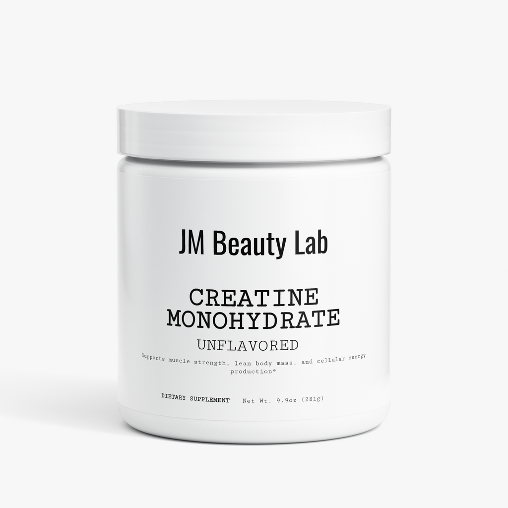 JM Beauty Lab creatine monohydrate unflavored supplement jar, white label and sealed lid