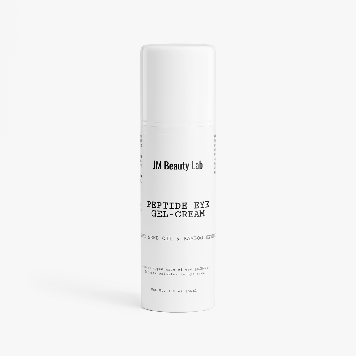 JM Beauty Lab peptide eye gel-cream bottle, white pump-style container
