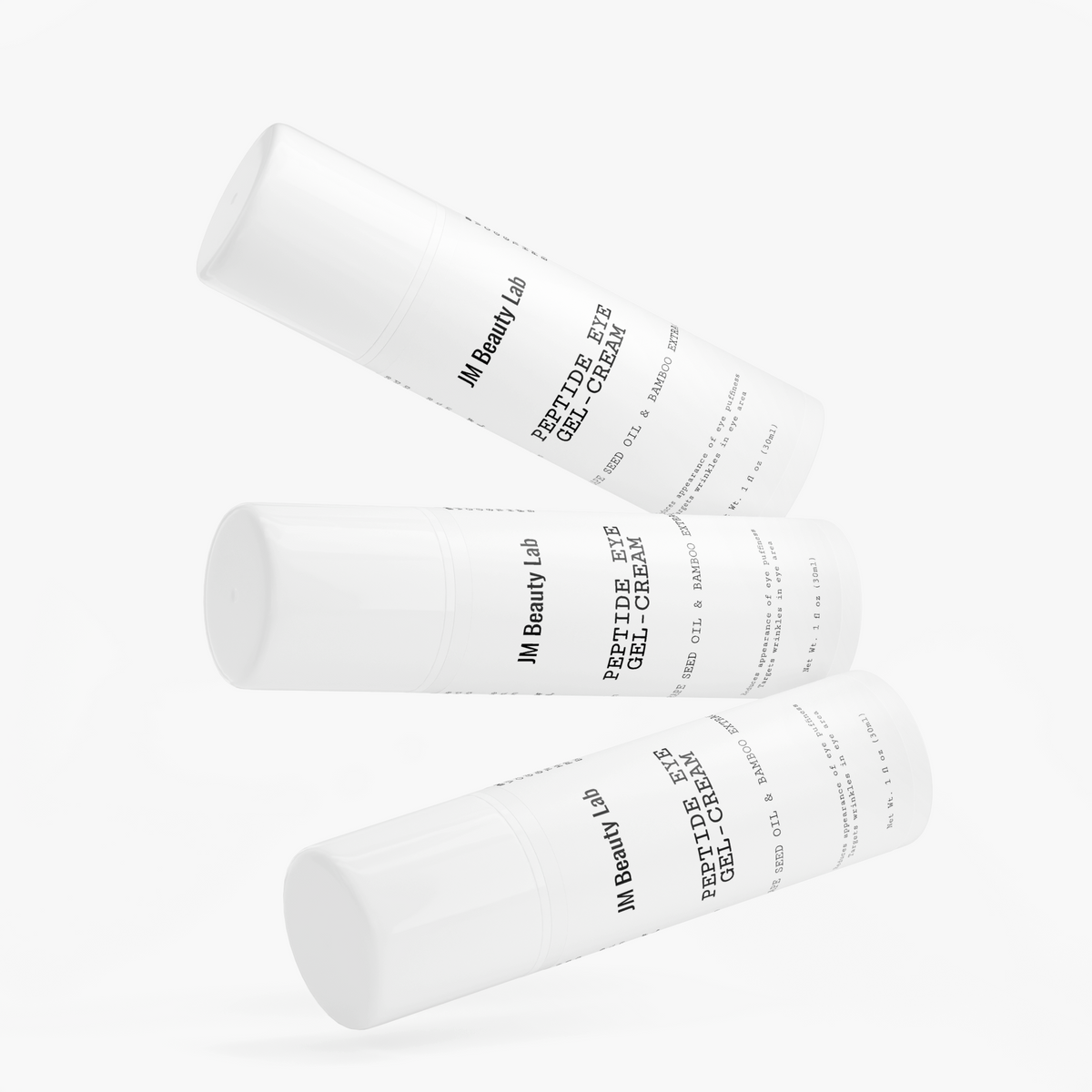 JM Beauty Lab peptide eye gel-cream bottles shown from side with labels