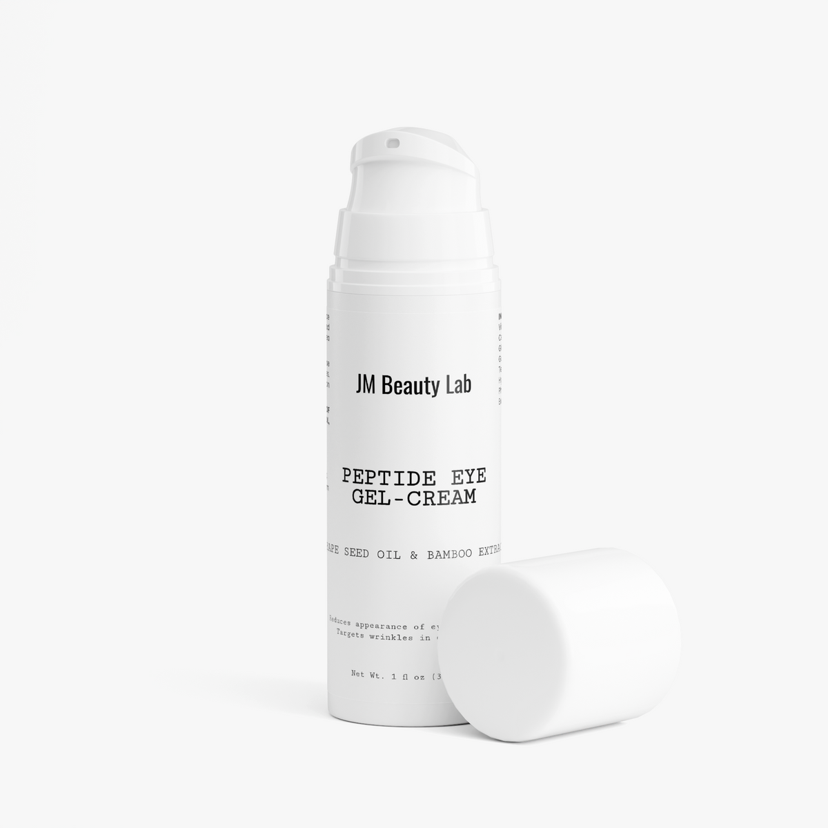 JM Beauty Lab peptide eye gel-cream bottle with cap, cap placed beside
