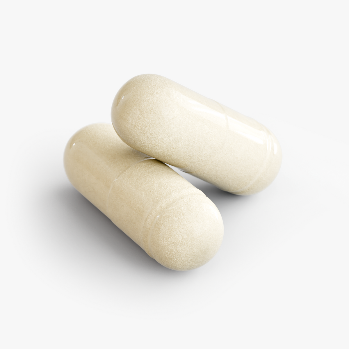 Beige probiotic capsules, oval softgels on a plain background