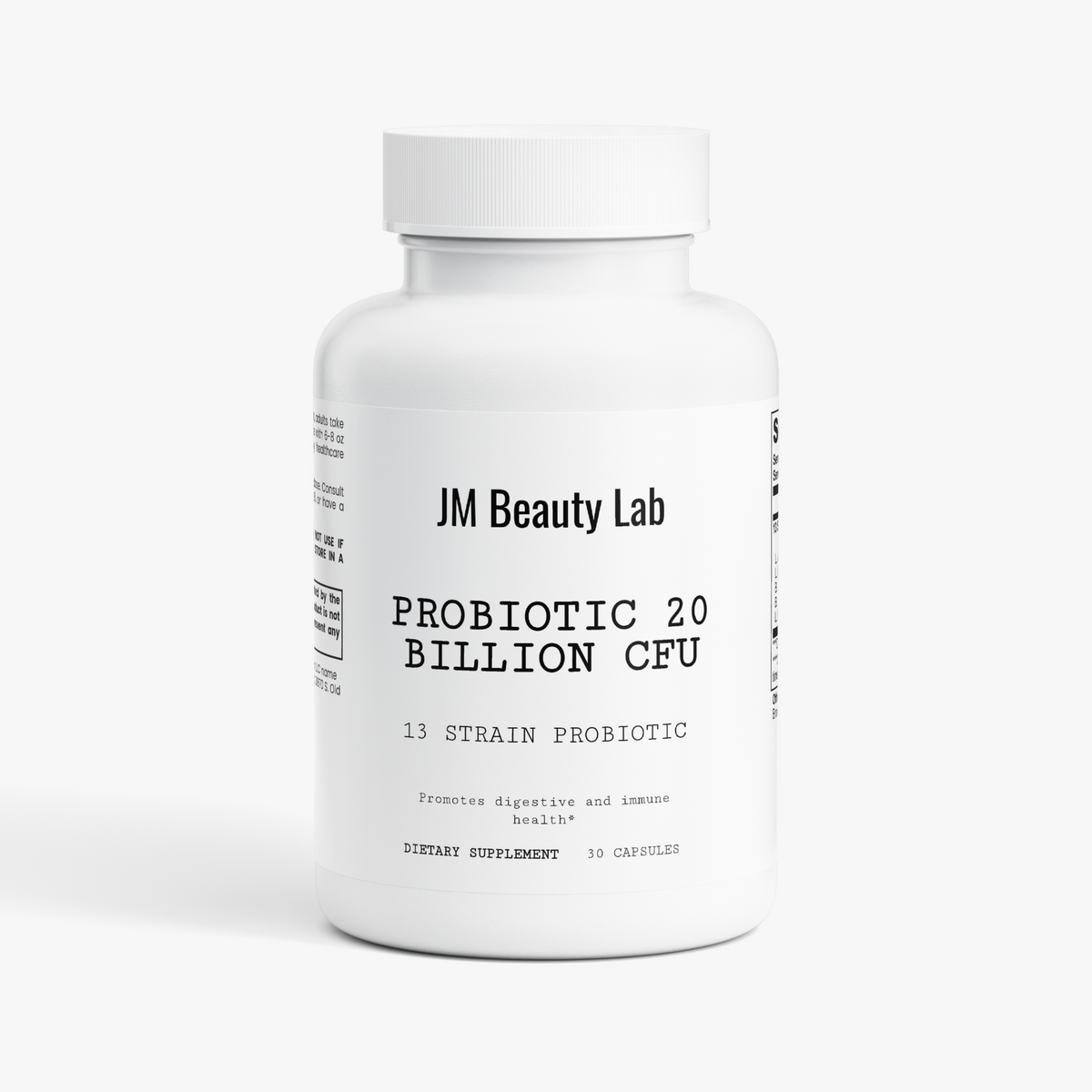 Probiotic 20 Billion supplement bottle with JM Beauty Lab label and white cap
