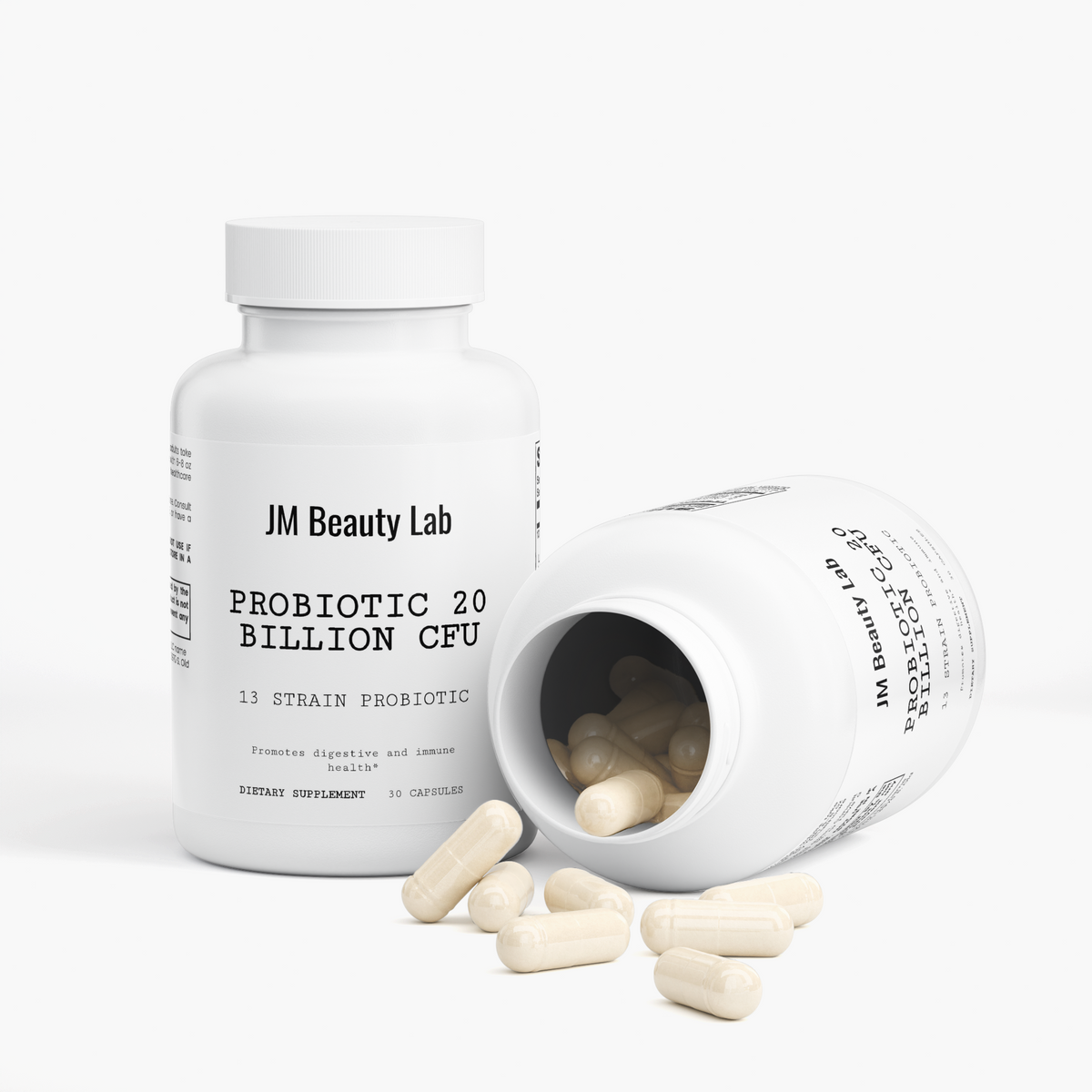 Probiotic bottle with open lid and beige probiotic capsules spilling out