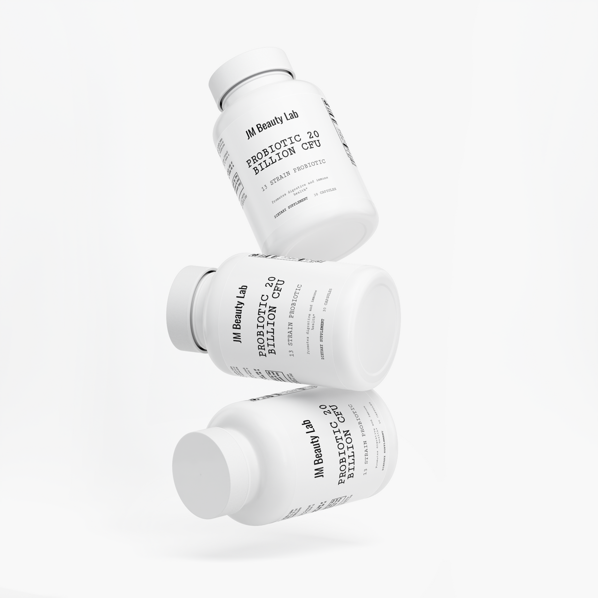Probiotic supplement bottle shown from multiple angles with white cap