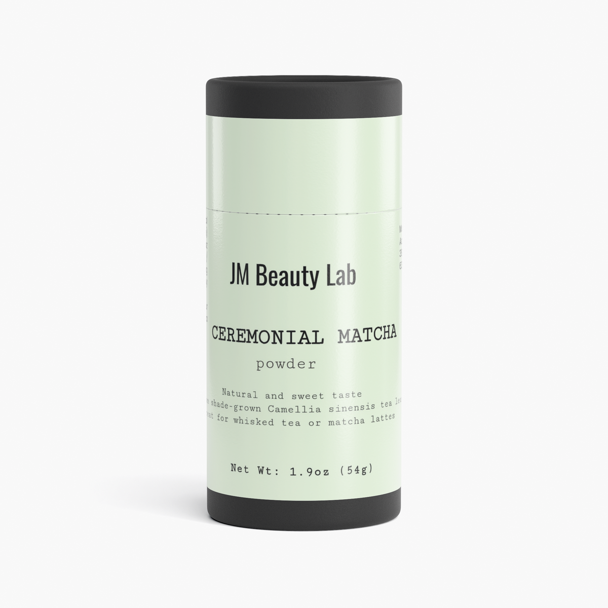 Ceremonial matcha powder canister by JM Beauty Lab with label