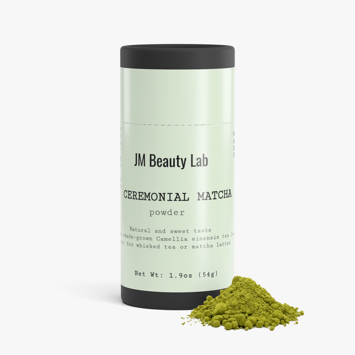 Ceremonial matcha powder canister and green matcha powder pile