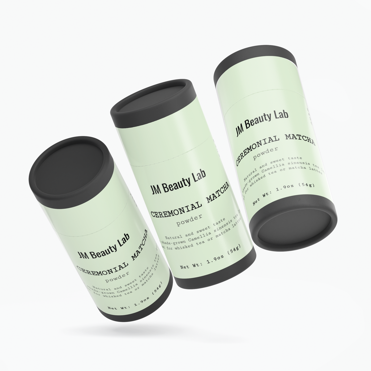 Ceremonial matcha powder canisters by JM Beauty Lab with black lids