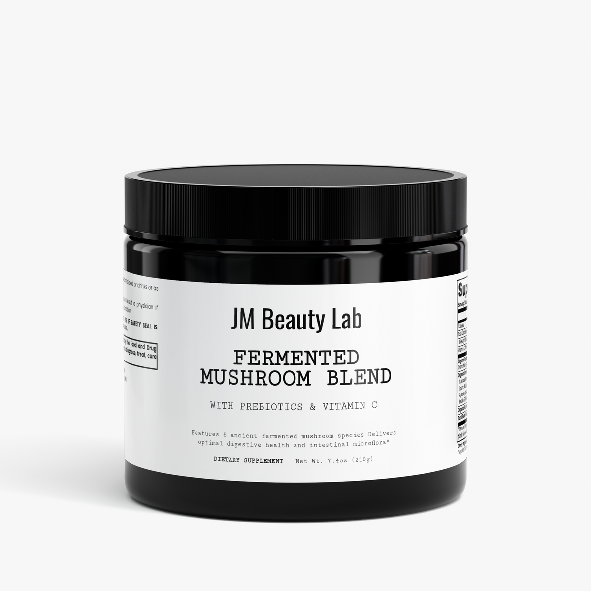 Fermented mushroom blend supplement jar with black cap and white label