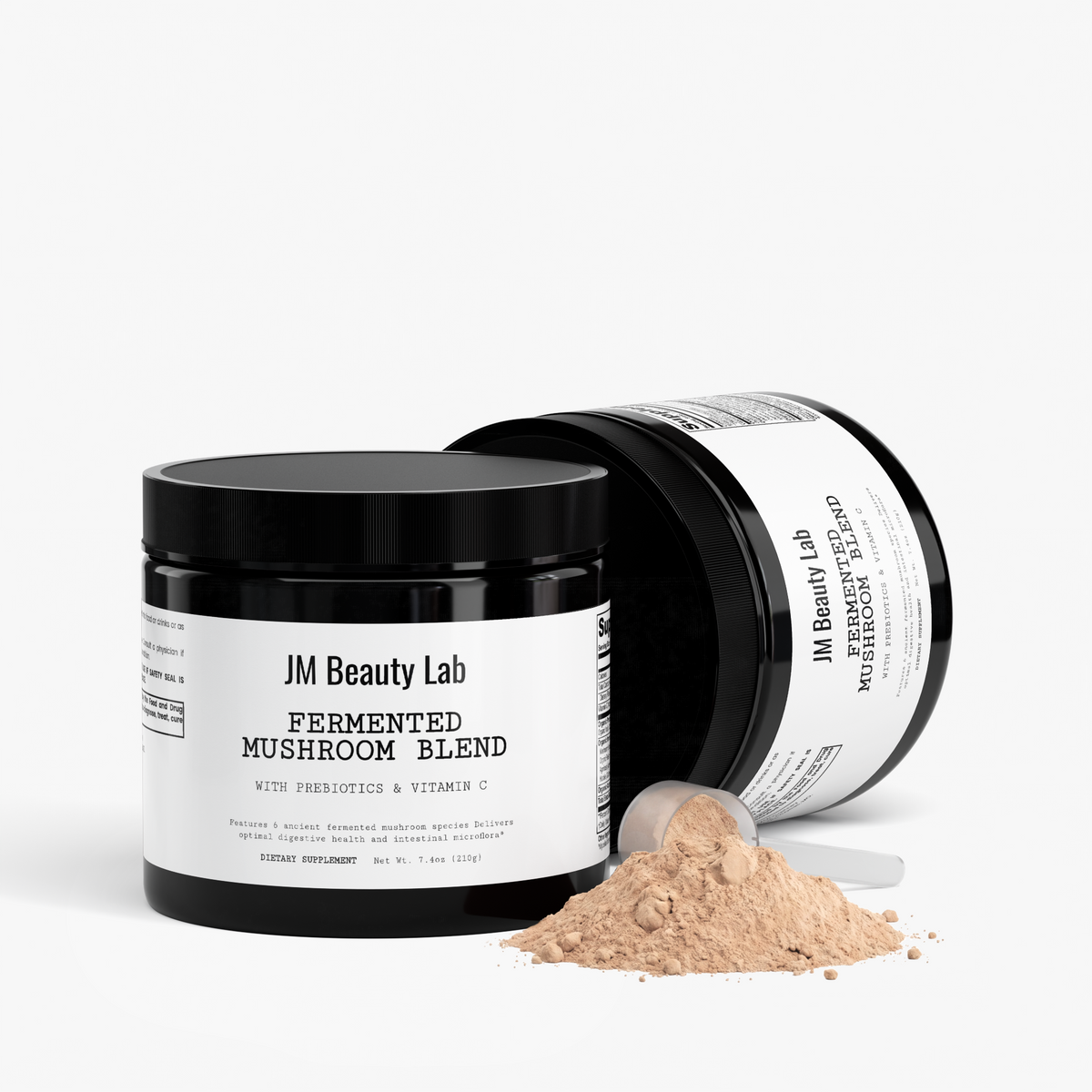 Fermented mushroom blend supplement jar with open lid and beige powder