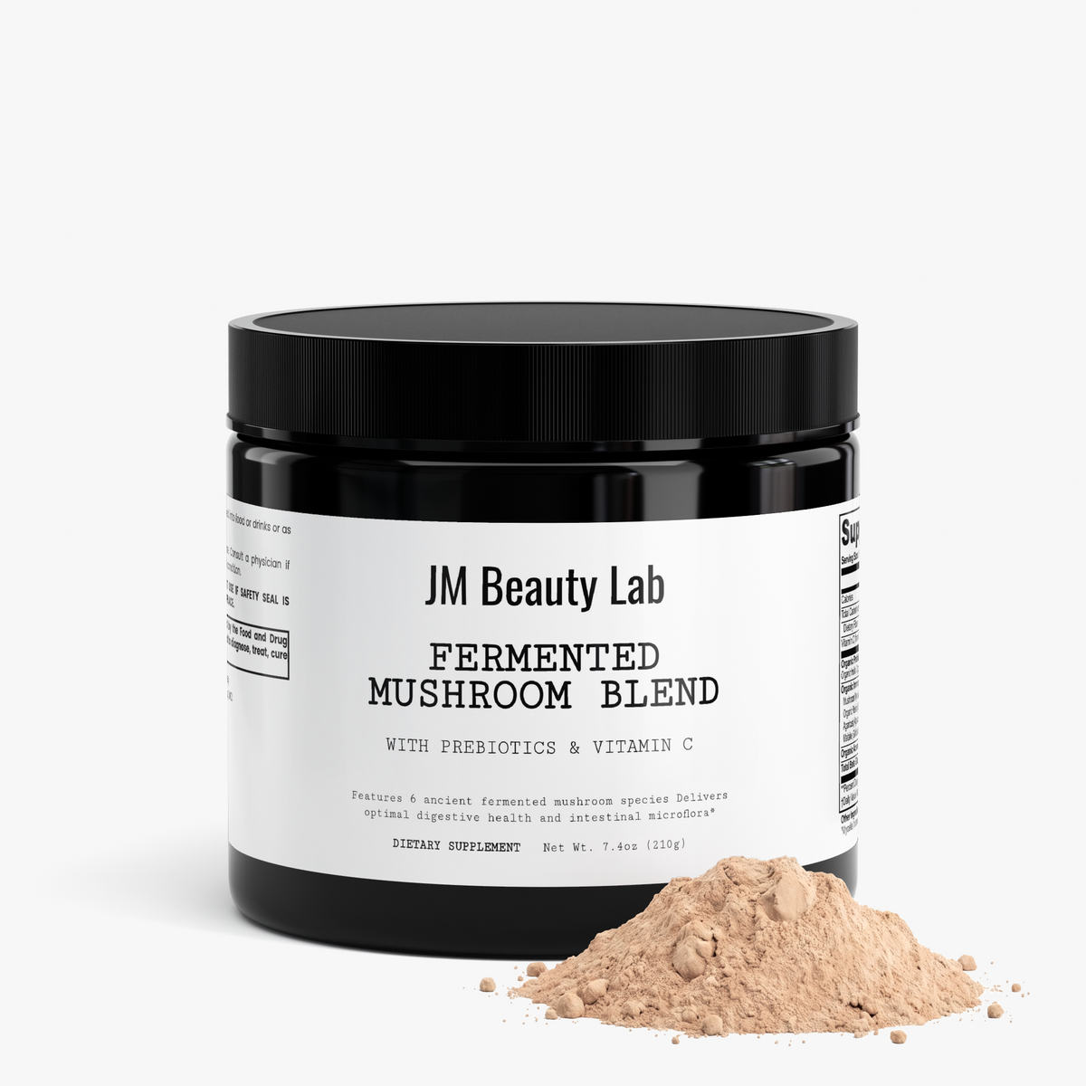 Fermented mushroom blend supplement jar with beige powder pile beside it