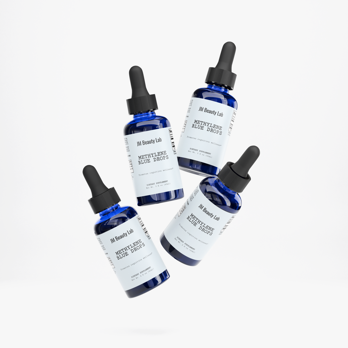 Set of blue serum drops bottles with black droppers, labels facing up