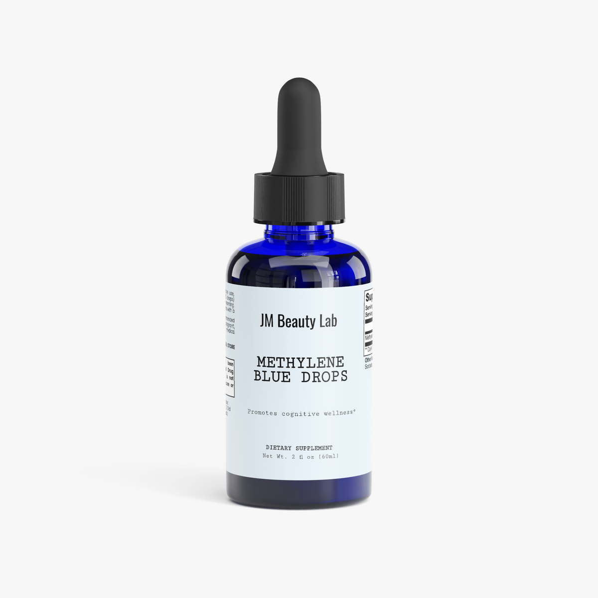 Methylene blue drops serum bottle with black dropper cap, dark blue glass
