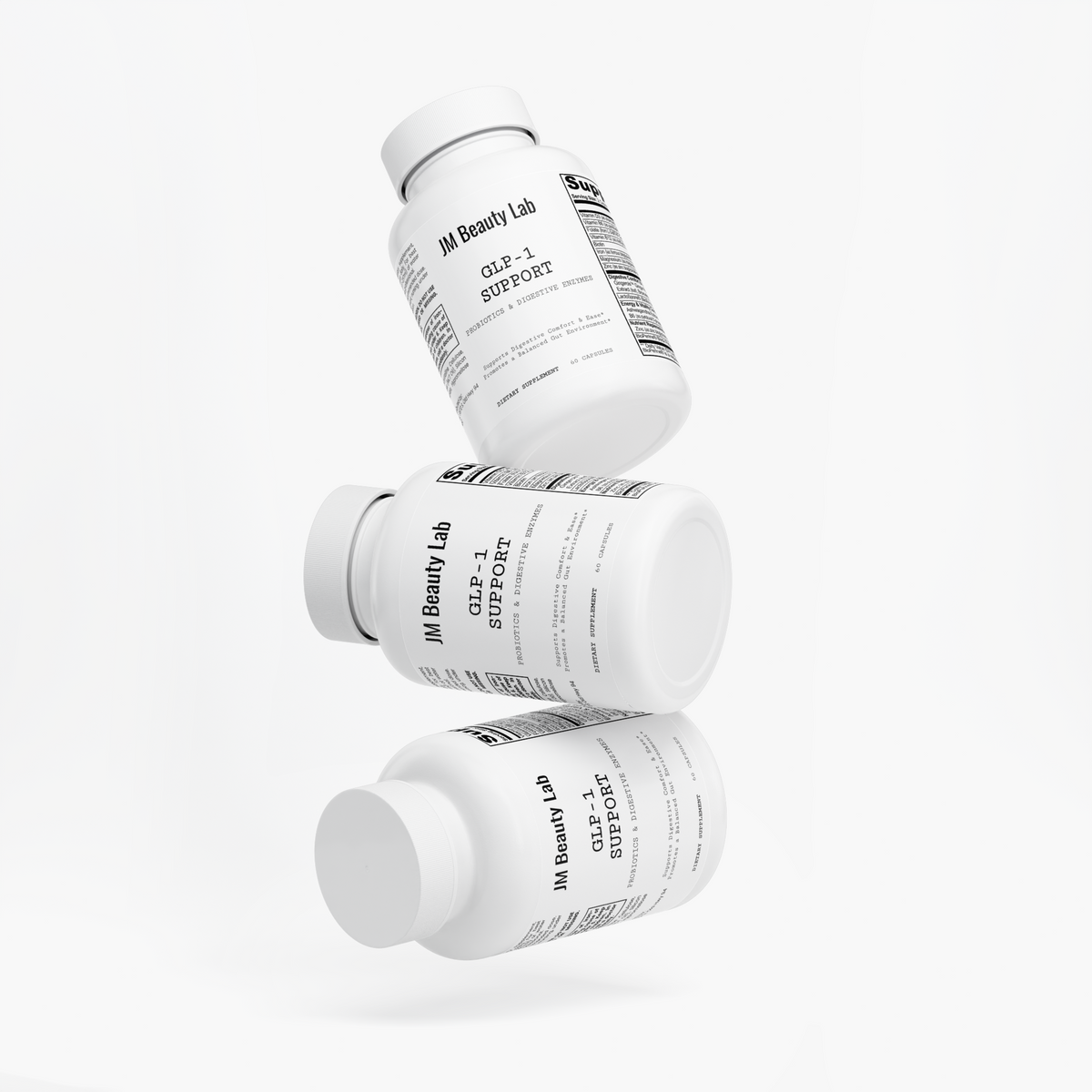 JM Beauty Lab GLP-1 Support supplement bottles shown at angles