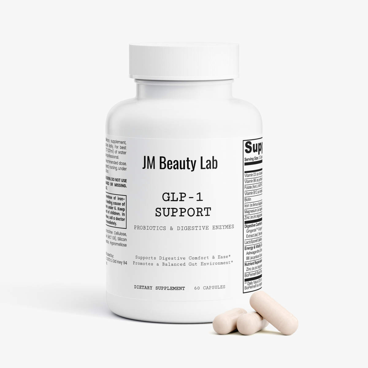 JM Beauty Lab GLP-1 Support supplement bottle with capsules beside it