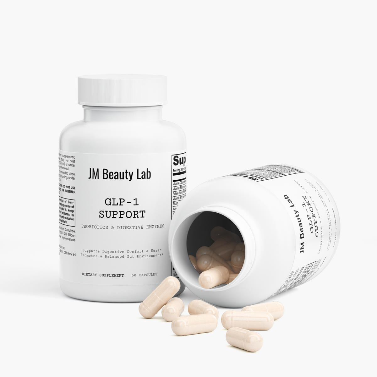 JM Beauty Lab GLP-1 Support bottle tipped open with beige capsules visible