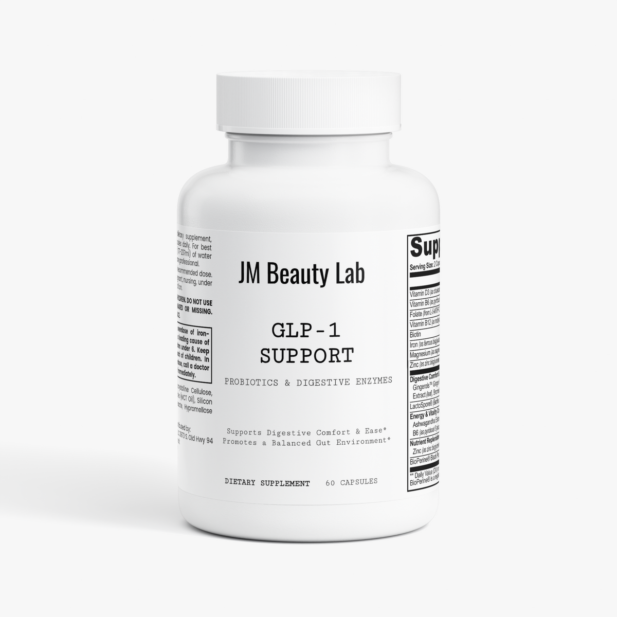 JM Beauty Lab GLP-1 Support supplement bottle with white cap and front label
