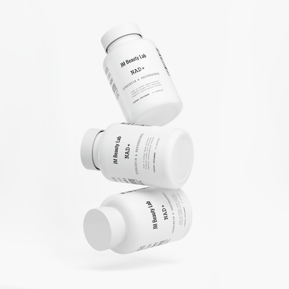 JM Beauty Lab NAD+ supplement bottle shown at angle, labels visible