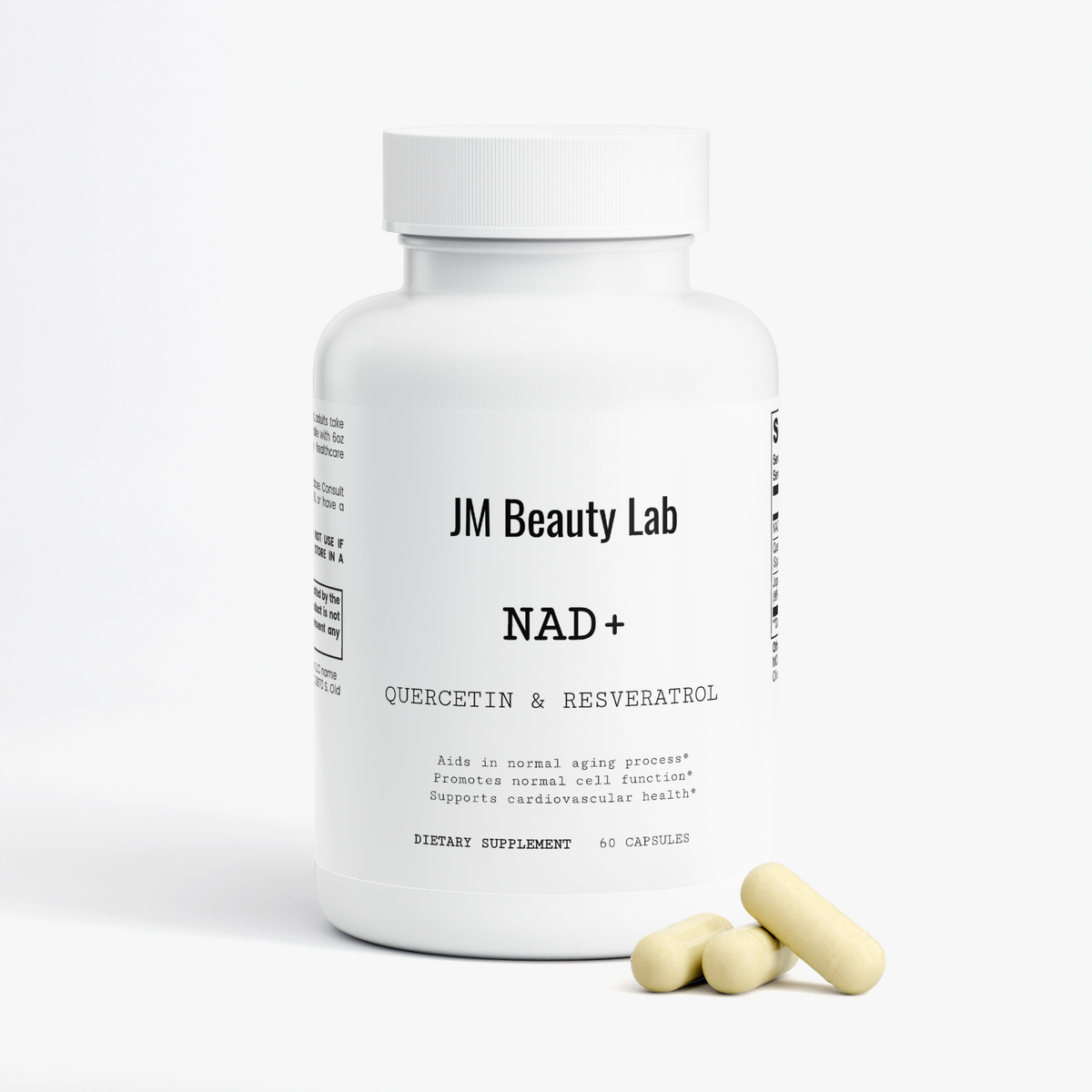 JM Beauty Lab NAD+ supplement bottle with white cap and light yellow capsules