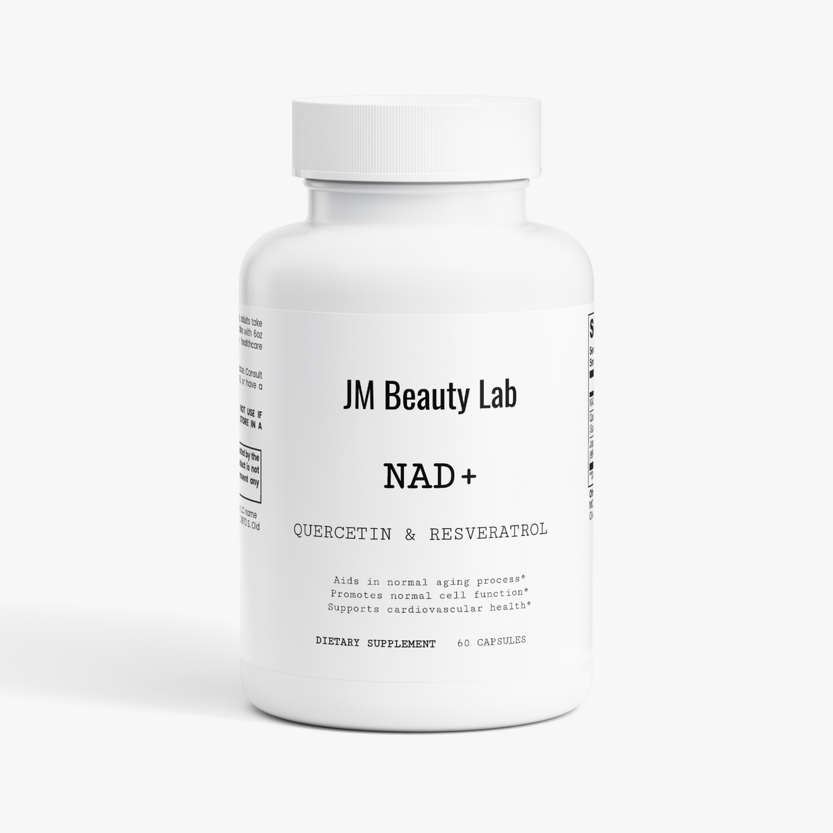 JM Beauty Lab NAD+ supplement bottle with white cap and front label