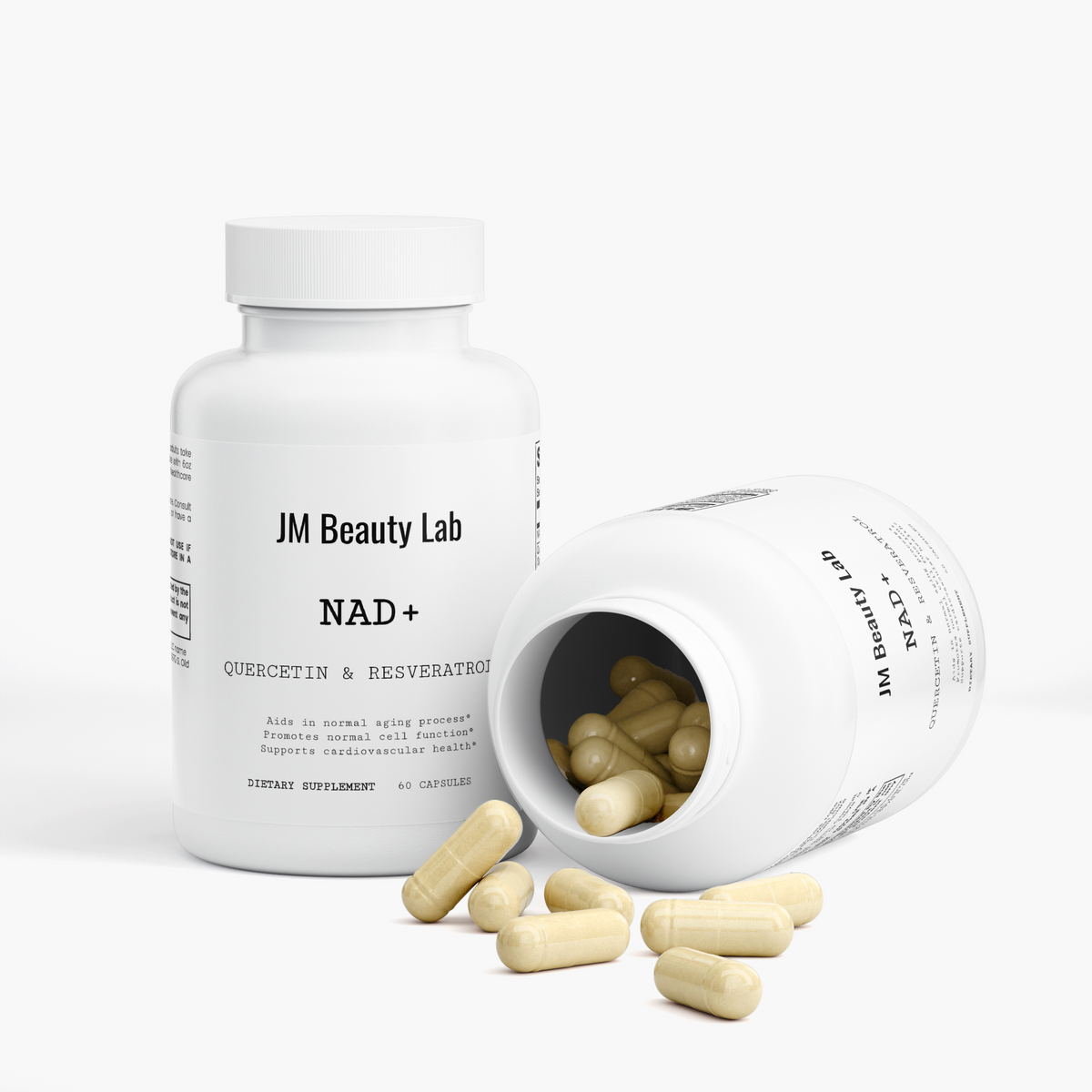 JM Beauty Lab NAD+ supplement bottle with open cap and capsules spilling out