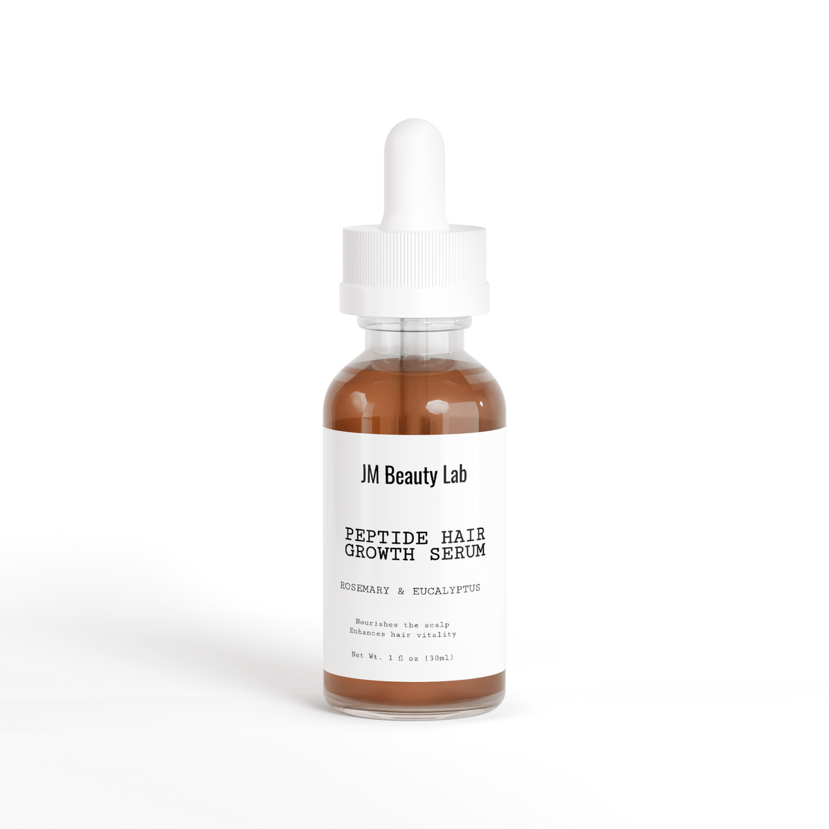 Hair growth serum bottle with white dropper top, amber liquid