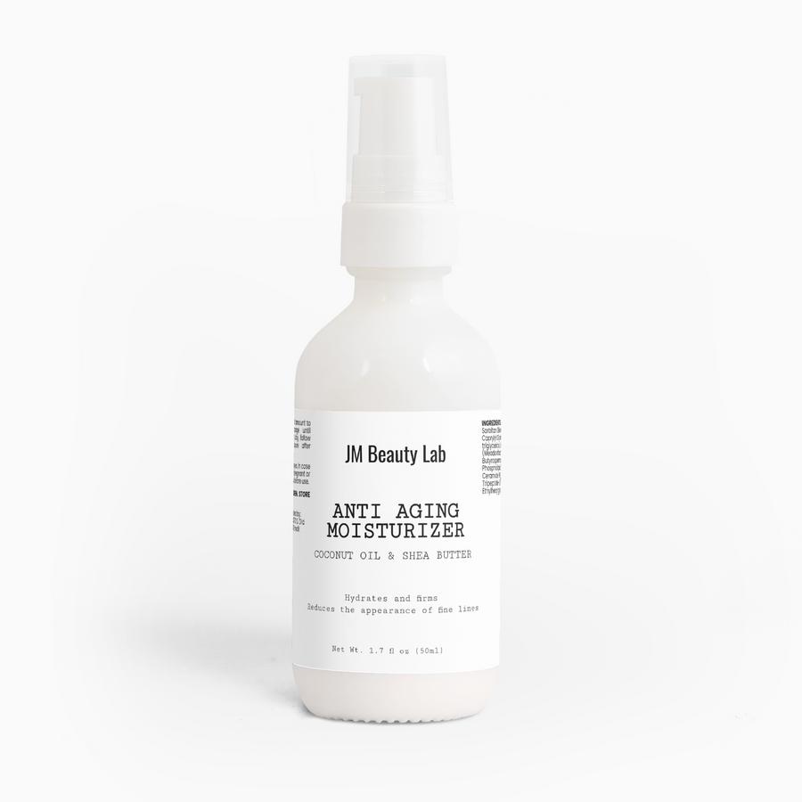 Anti-aging moisturizer bottle with pump, JM Beauty Lab label