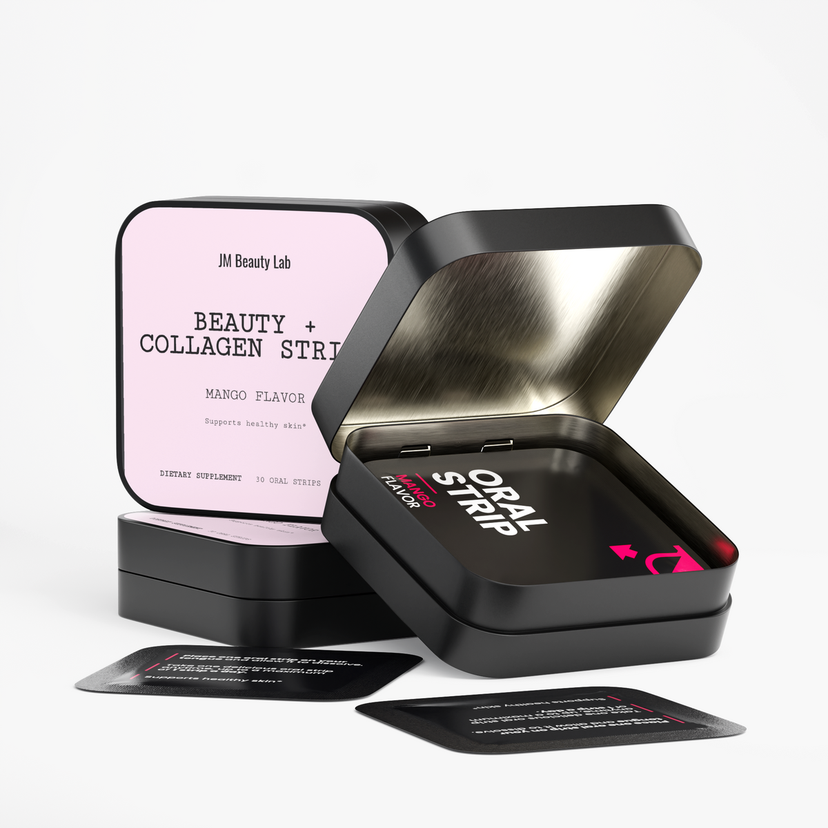 Collagen strips canister with open lid and black oral strip pouch, mango flavor