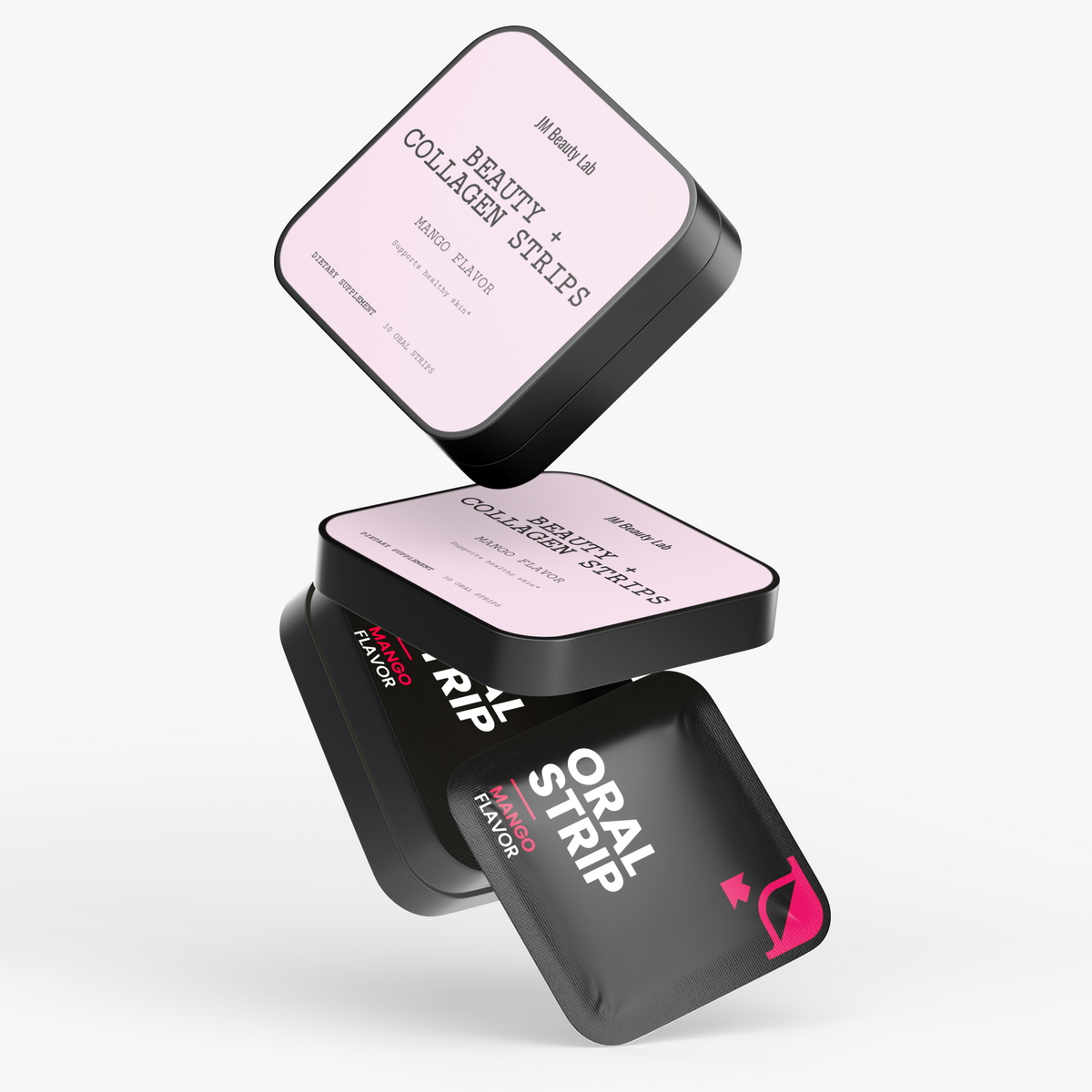 Pink and black canister set with oral strip pouch, JM Beauty Lab, mango flavor