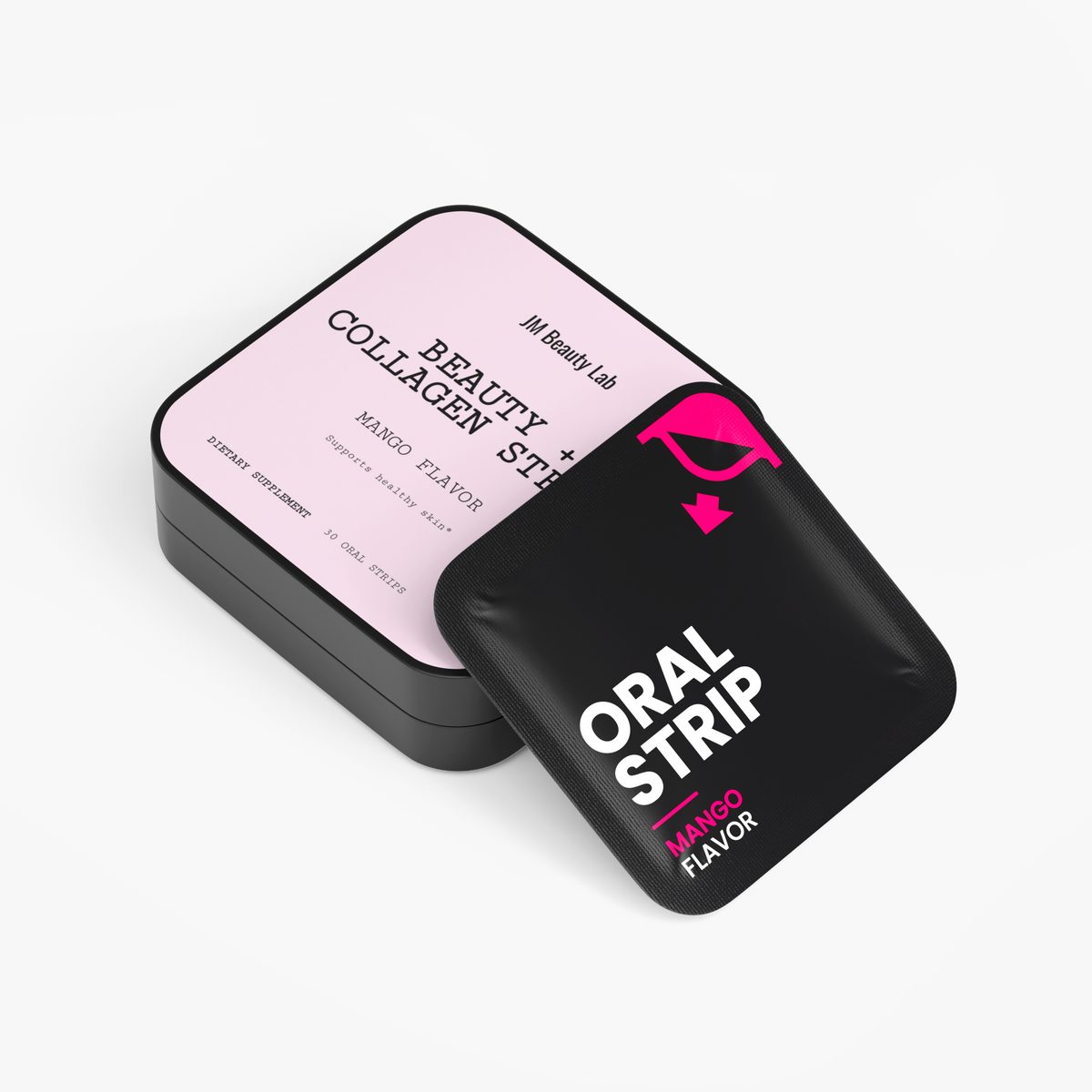 Oral collagen strips pouch with container, black sachet labeled mango flavor