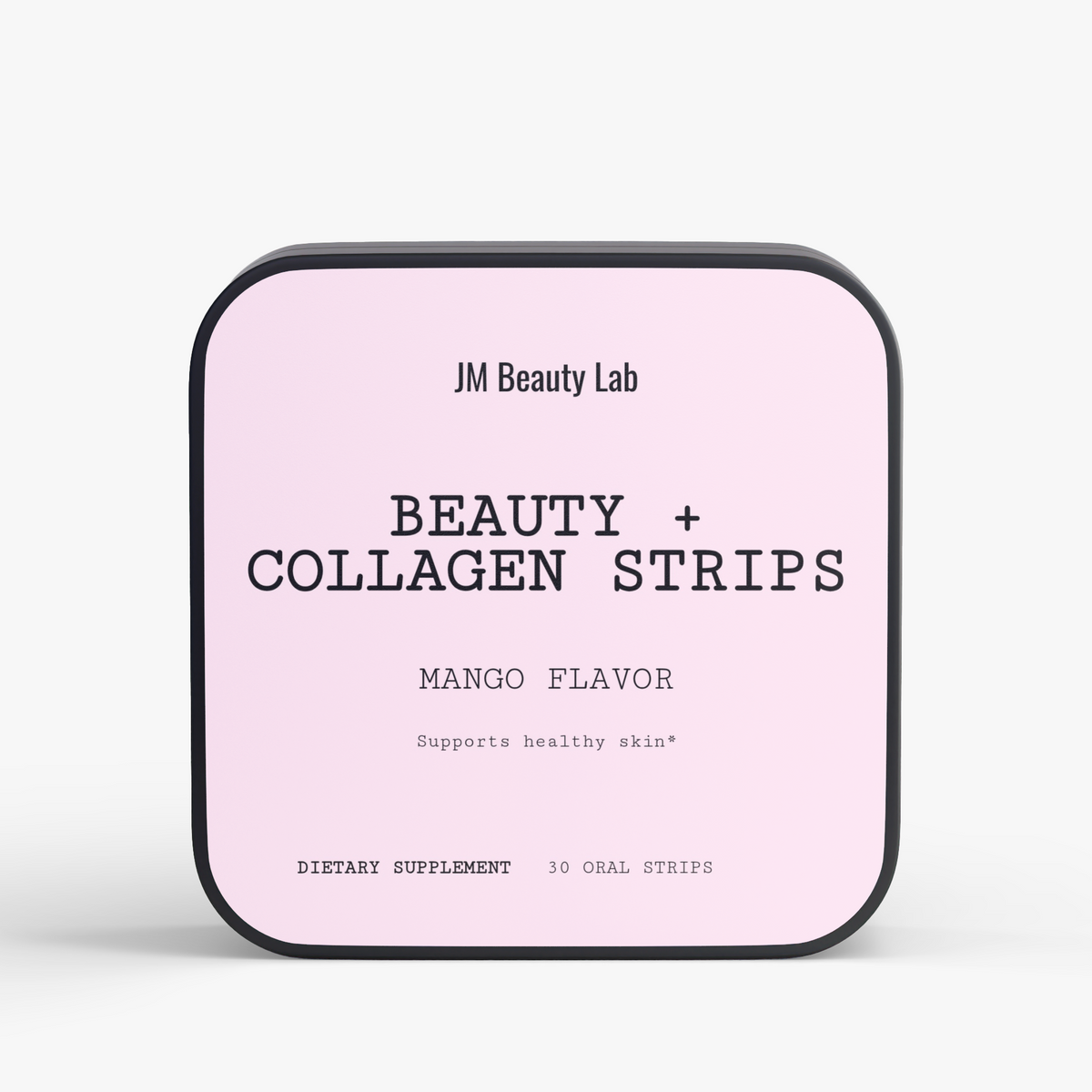Collagen strip container with pink top and black base, JM Beauty Lab, mango flavor