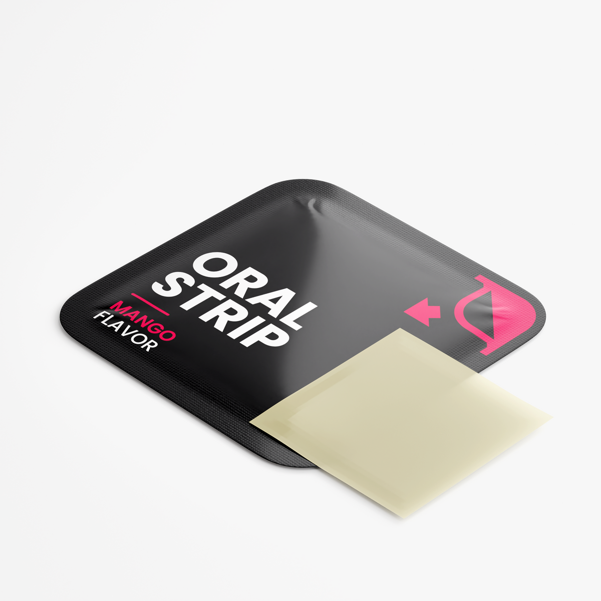 Single oral strip sachet, black with mango flavor label and pink arrow icons