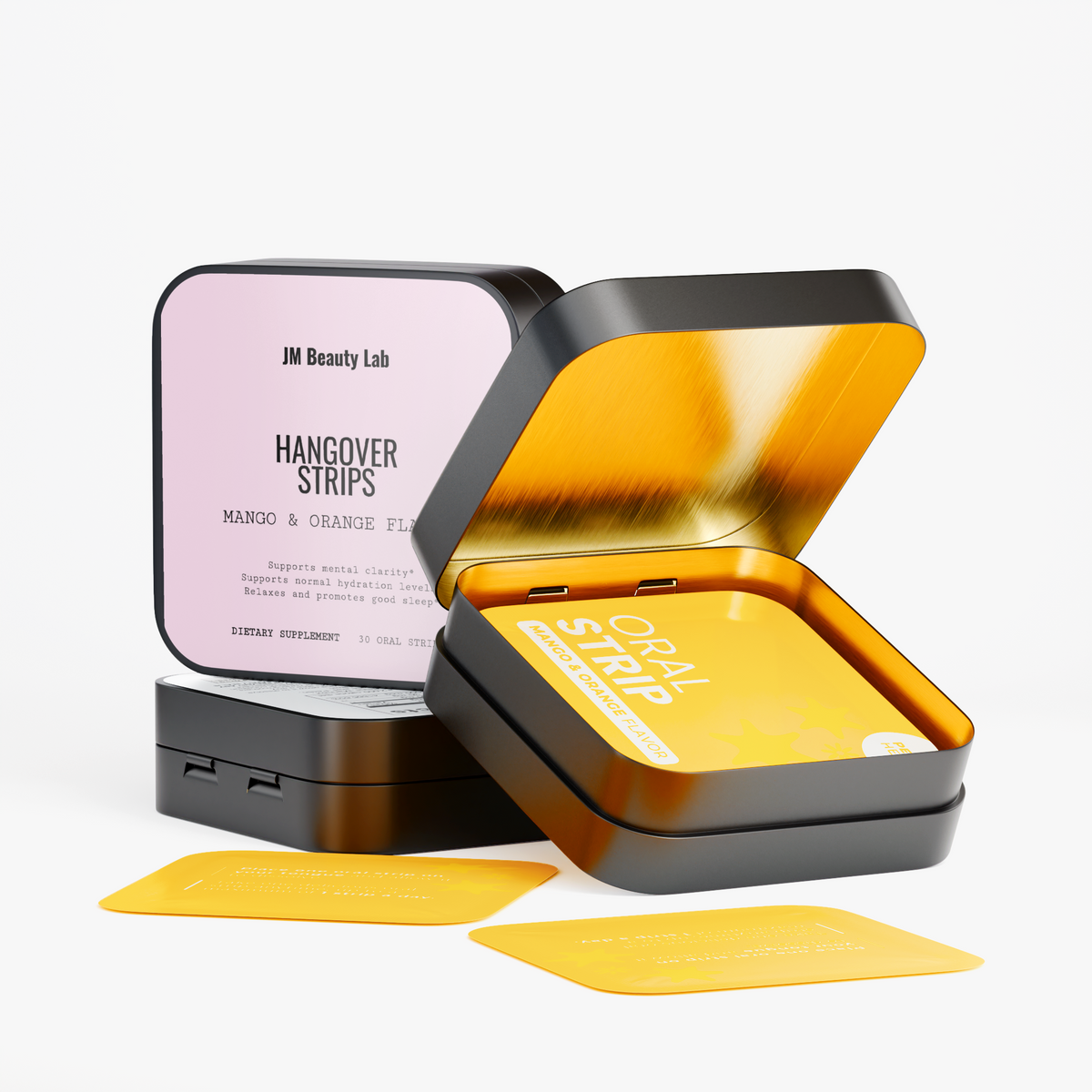 Open dark container with yellow oral strips labeled ORAL STRIP