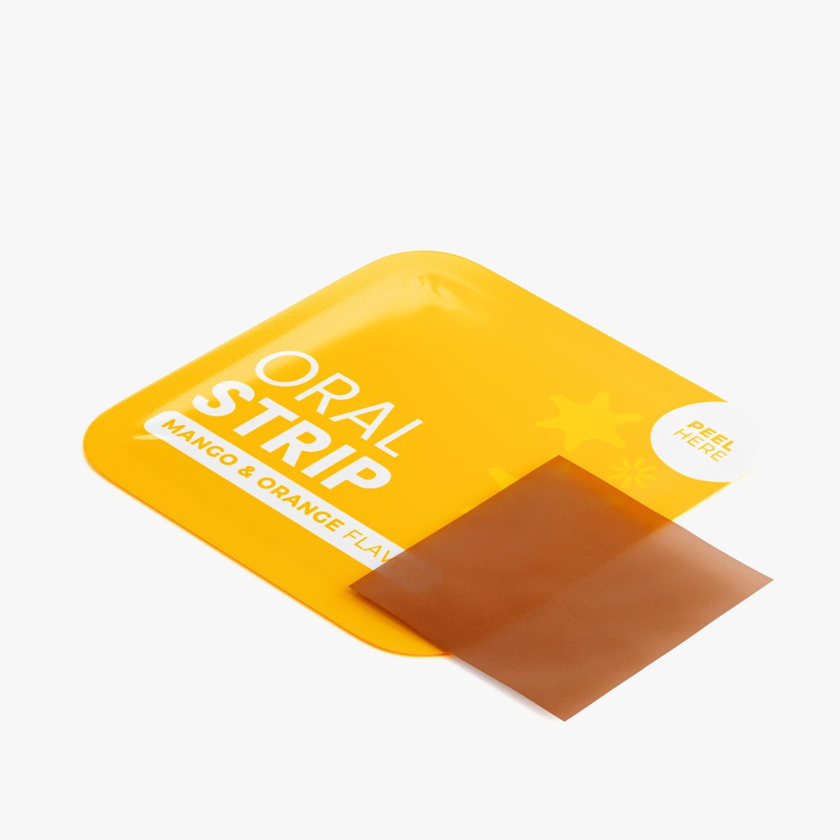 Yellow oral strips packet showing ORAL STRIP and Mango & Orange Flavor text
