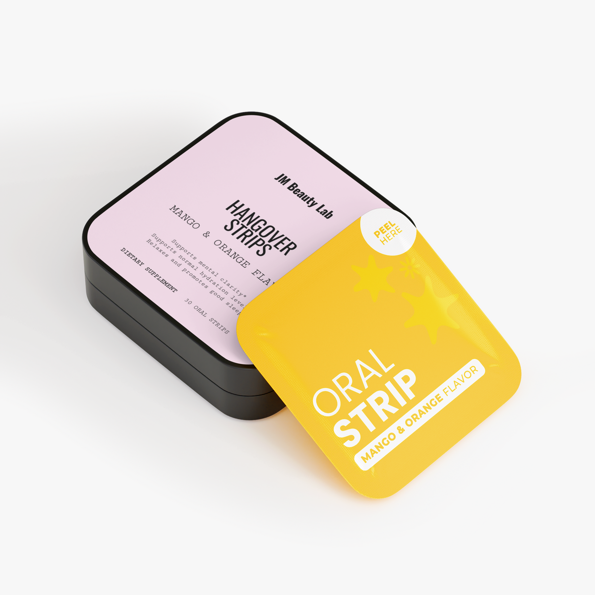 Hangover strips container with lid and yellow mango-orange oral strips pouch