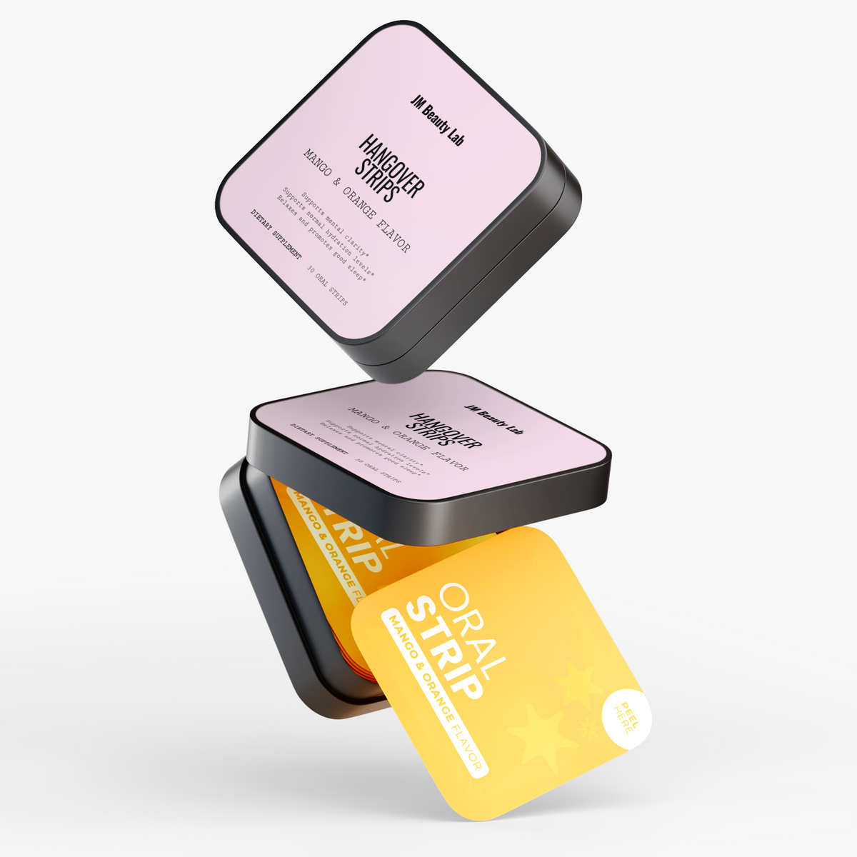 Container with pink lid and yellow ORAL STRIP packet, mango-orange flavor