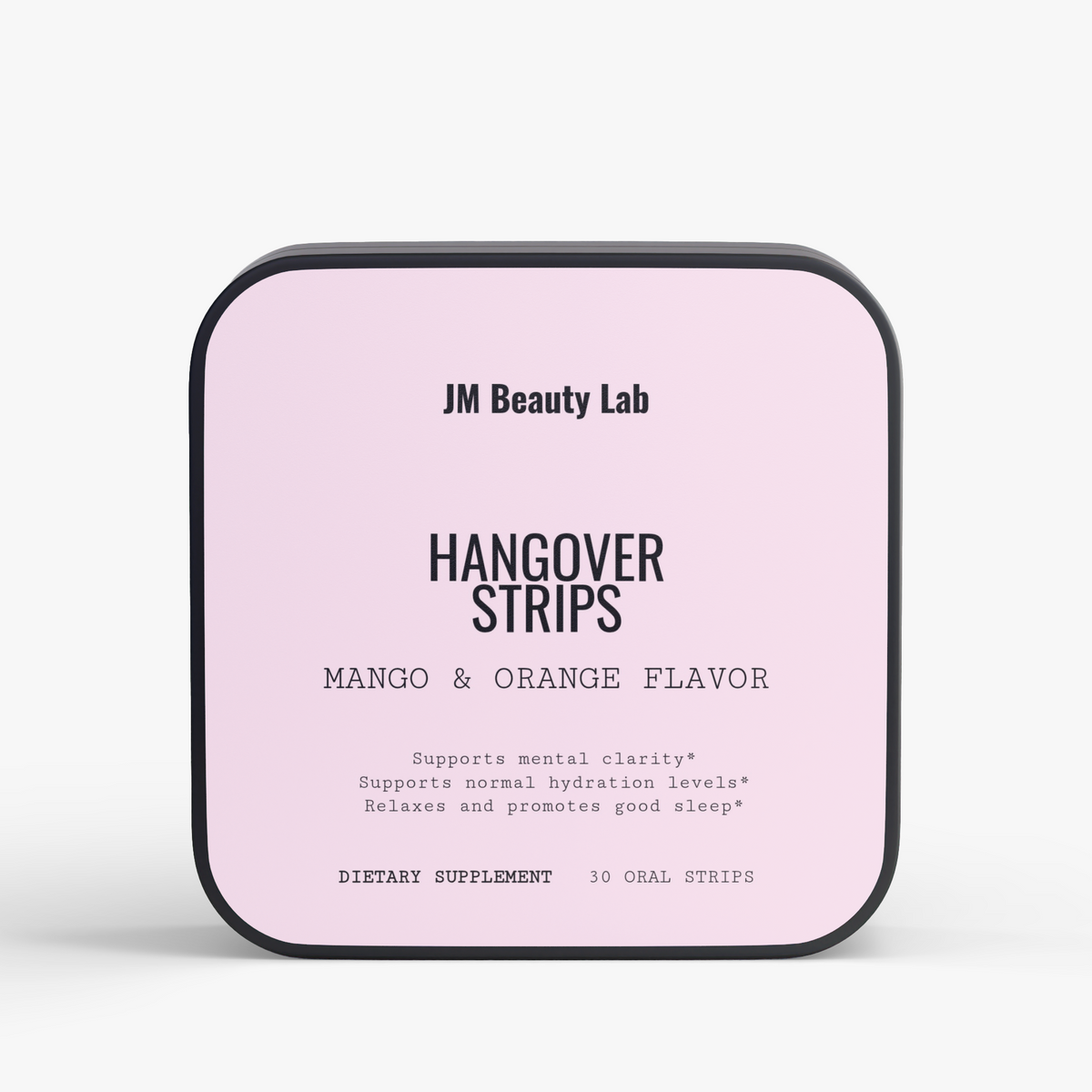 Hangover strips supplement tin, pink label with JM Beauty Lab and mango-orange flavor