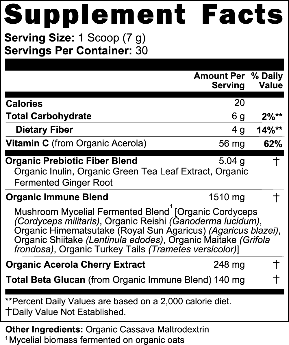 Supplement Facts panel for fermented mushroom blend with serving size and nutrients