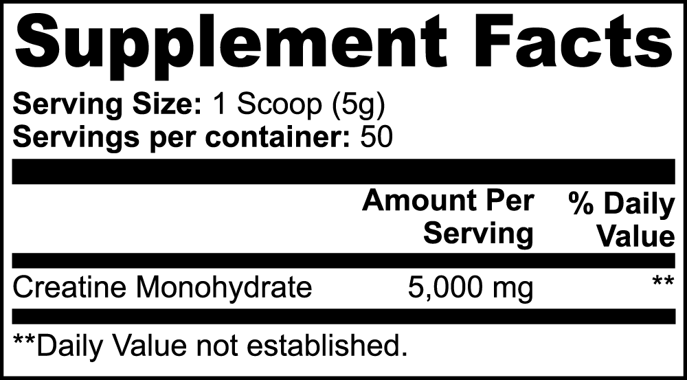 Supplement Facts: 1 scoop (5 g), 50 servings, 5,000 mg creatine monohydrate